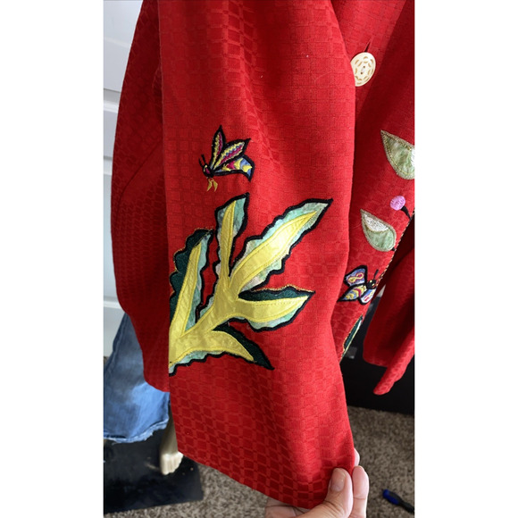 Vtg Maggie Barnes Jacket Red Floral Butterfly Wearable Art Plus Size 4X (J43) - Picture 4 of 12